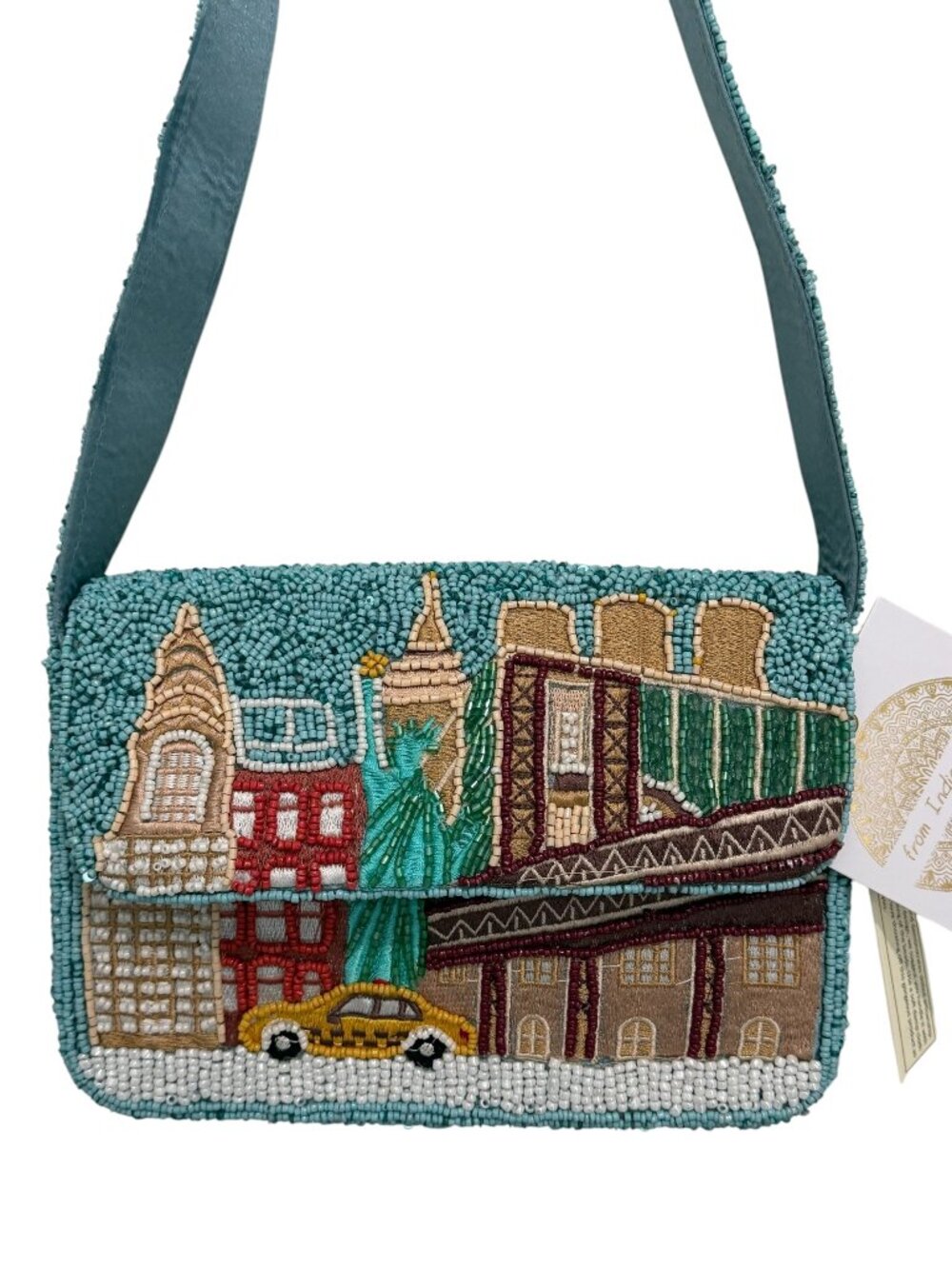 New York NYC Statue of Liberty Yellow Taxi Cab Beaded Bag Handmade in India NWT